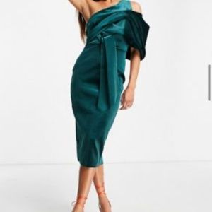 ASOS DESIGN velvet peekaboo shoulder tuck midi pencil dress in forest green